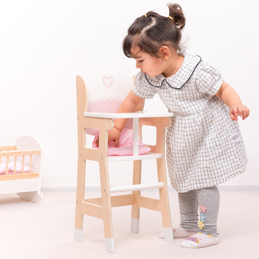 thumbnail image 2 of Badger Basket Toy Furniture: English Country High Chair And Bed Set For 18 Inch Dolls - White/Pink 2 of 12