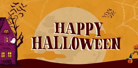 Happy Halloween banner for Dubai party with haunted house and pumpkin characters.