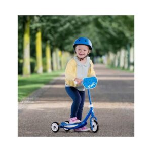 Child enjoying outdoor play on a blue three-wheeled scooter in Dubai, wearing a helmet for safety.