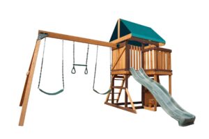 mp76142-12 Wooden outdoor playset with swings, a slide, and a climbing structure for preschoolers.