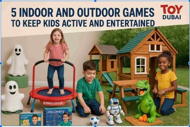 Kids playing with indoor and outdoor toys like trampoline, playhouse, robot, and dinosaur—Toy Dubai fun and educational playtime.