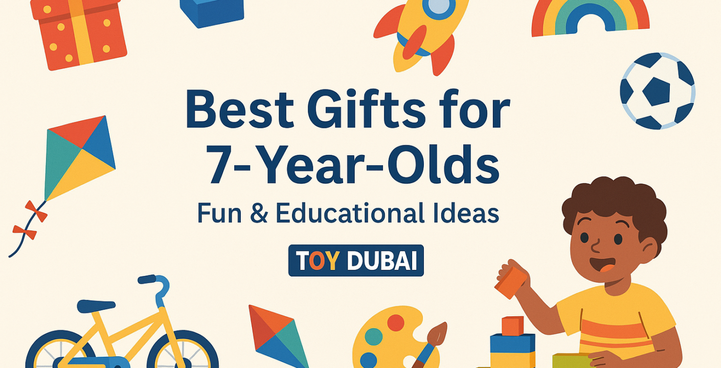 Best gifts for 7-year-olds – fun and educational toy ideas featuring Toy Dubai logo, playful illustrations, and a cheerful design.
